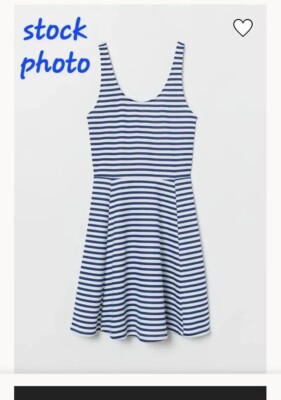 H & M Divided Sleeveless Navy Blue White Striped Skater Short Flared Dress Sz 8