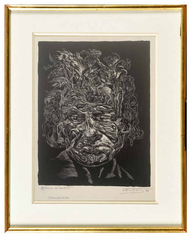 Lithographie Originale Surrealiste Portrait De Baudelaire Signee Michiels (29)