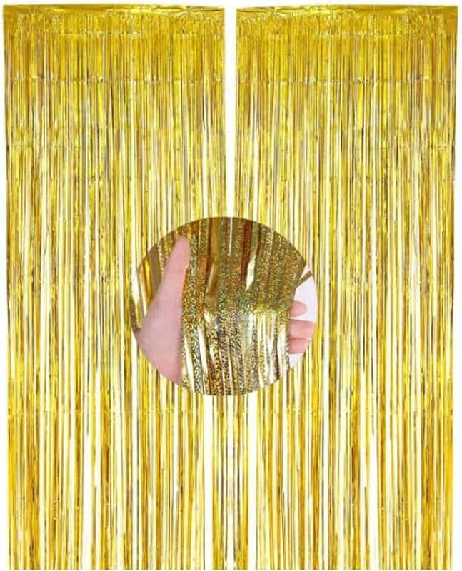 2 Pack Foil Curtain Backdrop, Gold Metallic Tinsel Foil Fringe | Curtains Photo