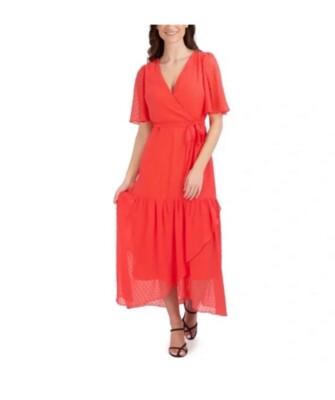 Donna Ricco Women's Coral Tie-Belted Chiffon Maxi Dress, Size 4