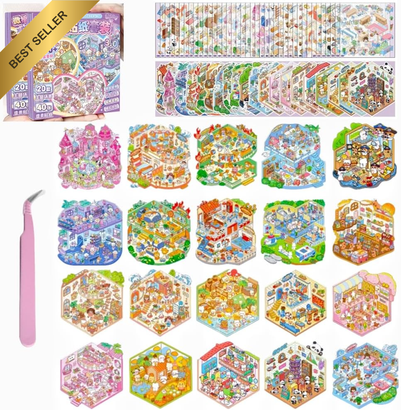 20 Sets 3D Stickers Scene Purple 3.0 Box,Diy Miniature House Sticker with Tweeze