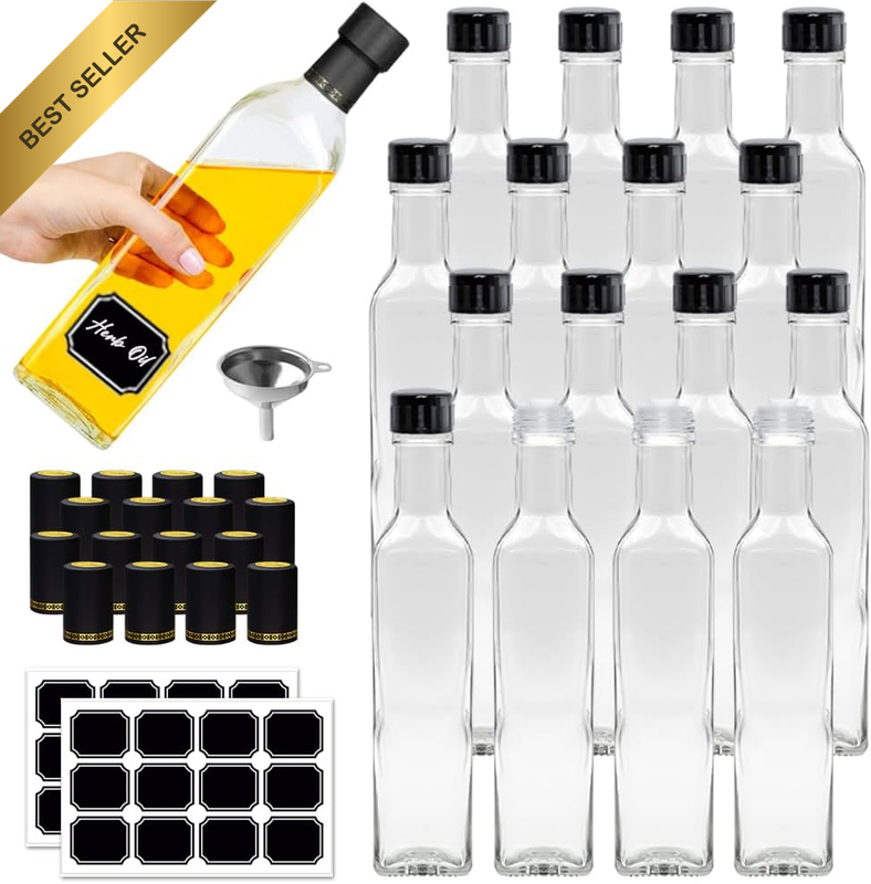 16X 250ml Hot Sauce Glass Bottles Lids Funnel Sticker Shrink Band