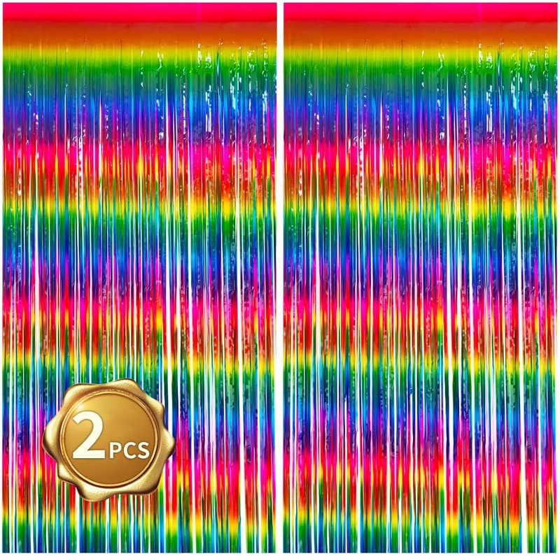 2 Pack Dark Rainbow Colorful Foil Fringe Curtain, Assort Color Tinsel Metallic C