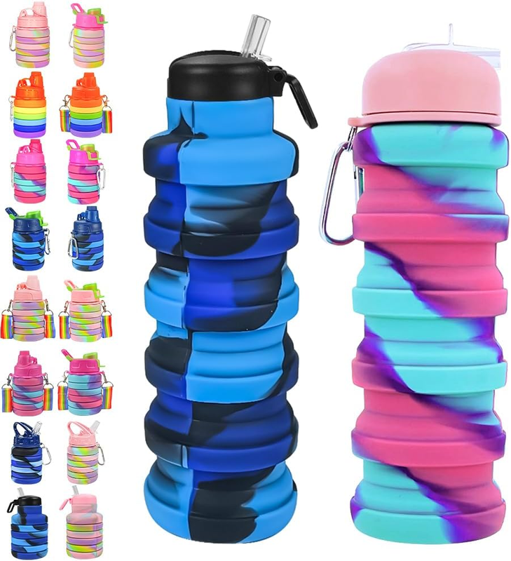 2Pack Silicone Collapsible Water Bottles, Leakproof 16Oz Portable Foldable Expan