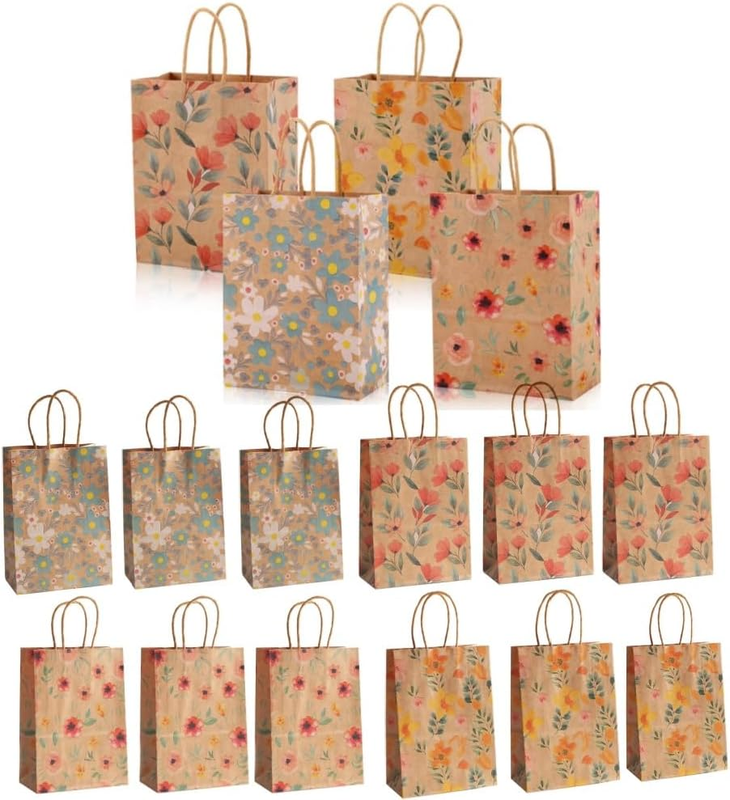 16Pcs Kraft Gift Bags,Printing Flower Gift Wrapping Bags with Handles, Candy Tre