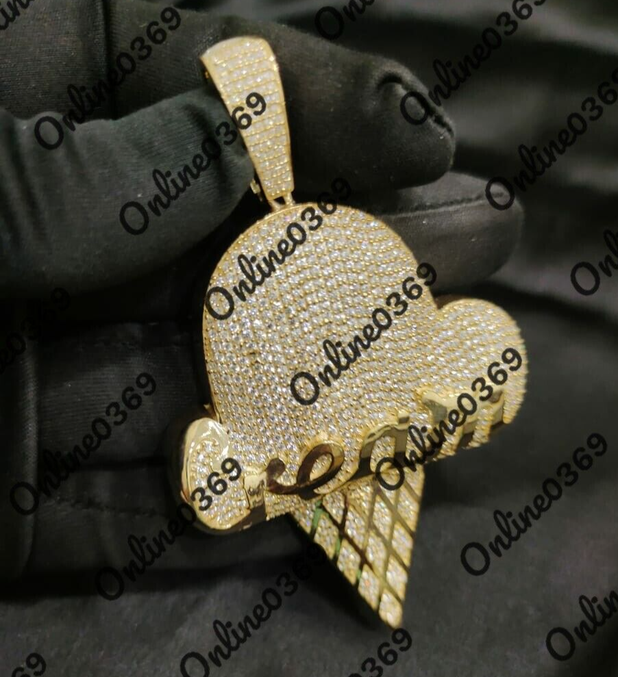 Pre-owned Online0369 Men's Round Cubic Zirconia Ice Cream Charm Pendant 14k Yellow Gold Plated Silver In White