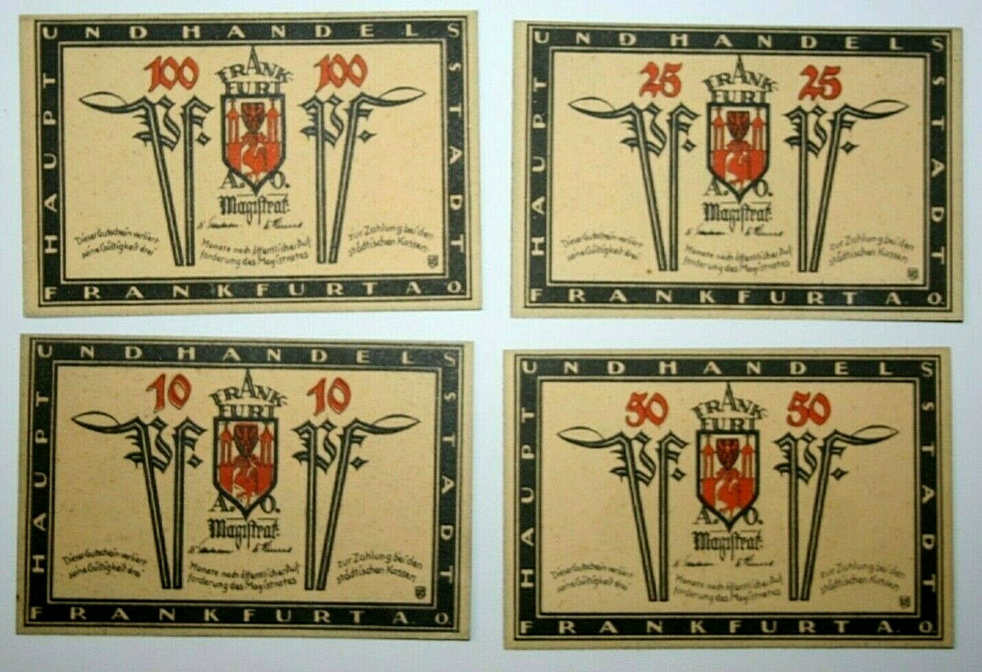 1918 -1920 Frankfurt Germany 4 Emergency Notes - 10 25 50 100 Pfennig