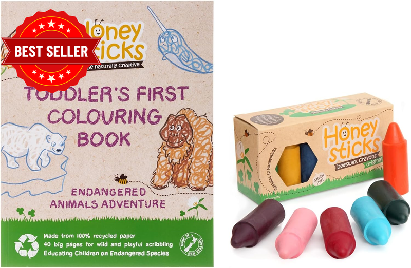 100% Pure Beeswax Crayons (12 Pack with Colouring Book) – Natural, Non-Toxic & S