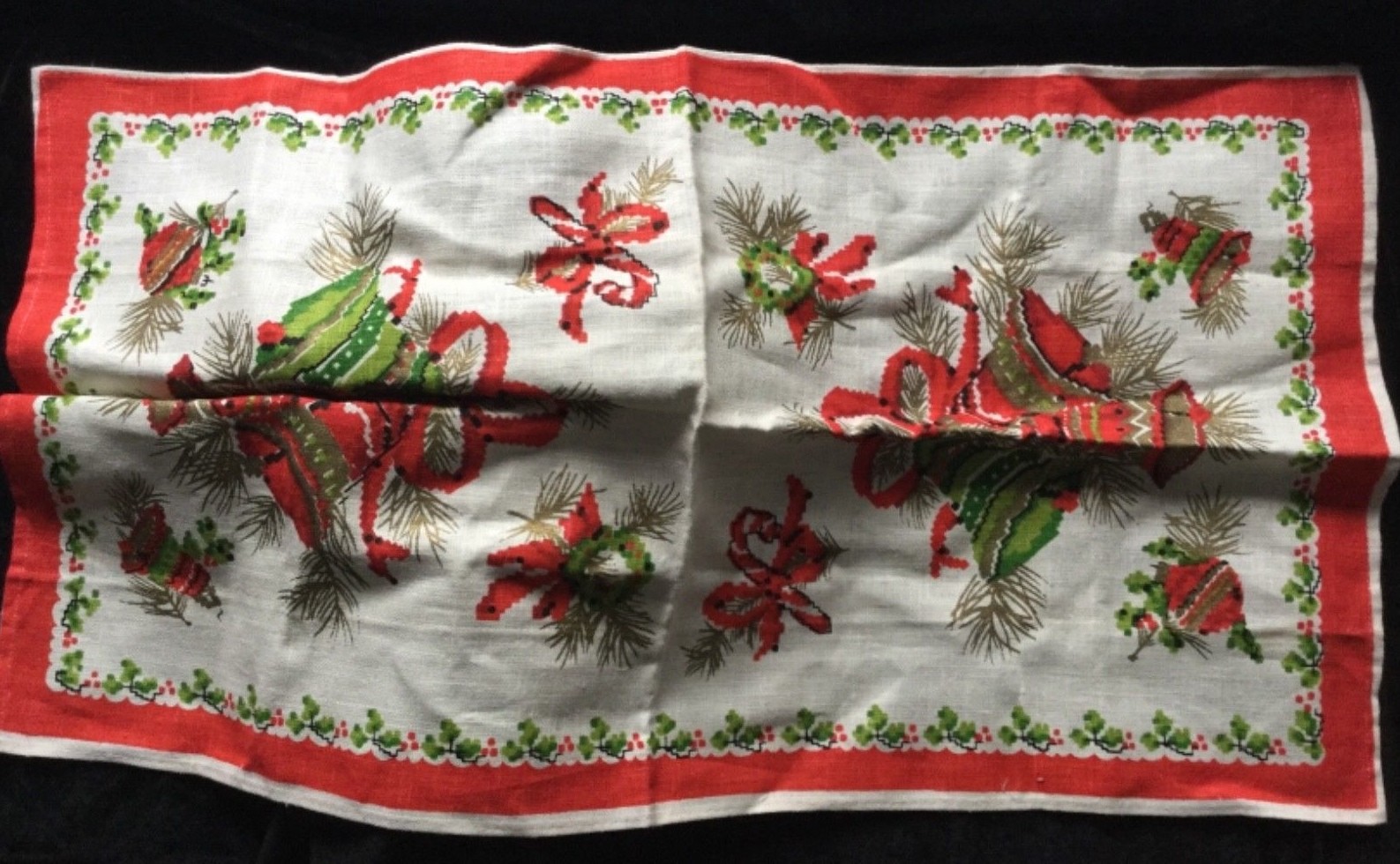 Vintage Christmas Linen Tea Towel - Bells, Wreaths, Candy Canes - 28