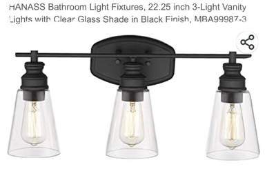 Hanass MBA99987-3, 3-Light Vanity Light Black Clear Glass Shades New in the Box