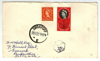 Singapore UNUSUAL cover with GB stamps, 'T' due mark and Singapore CDS, probably