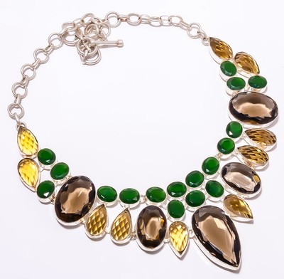 Smokey Topaz, Emerald (Simulated) 925 Sterling Silver Necklace 16-18'' F257