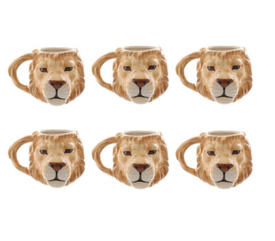 Set of 6 Lion Head Ceramic Coffee Mugs | Wildlife Animal Lover Gift