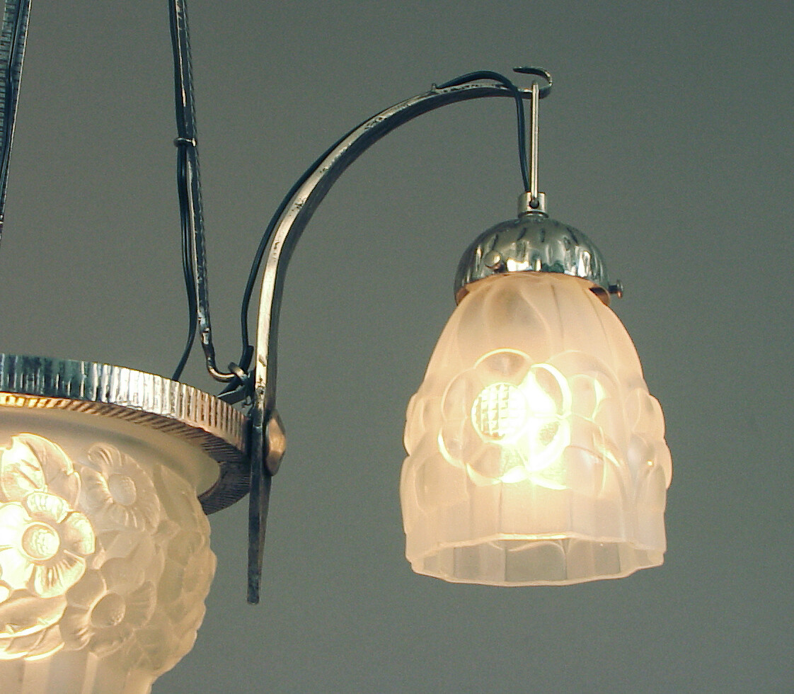 A French Art Deco (not overly!) 4-light Chandelier, Nickeled Wr Iron, Fab Glass