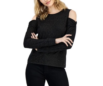 Tommy Hilfiger Women's Metallic Waffled Cold Shoulder Shirt Sz L Black $60