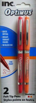 New Inc Optimus Felt Tip Pens Fine Point, 1 pack of 2 Pens ~Optimus ~ Red Orange