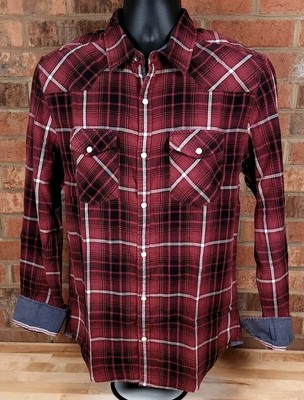 Flag & Anthem Long Sleeve Plaid Pearl Snap Shirt Red Mens Medium NEW