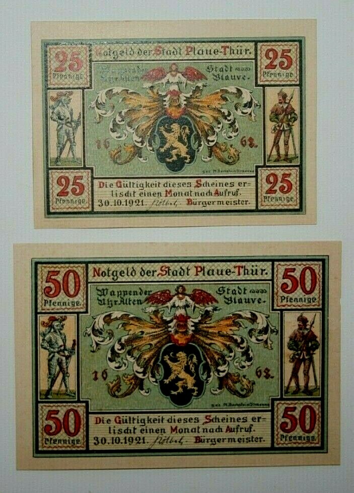 1921 Plaue -Thur Germany 25 & 50 Pfennig Notgeld Notes