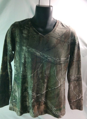 REALTREE CAMO LONG SLEEVE Pink/Tan Womens V NECK SHIRT  SZ L (12-14)