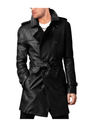 HOMME l gant avec Ceinture Noir Manteau Long Cuir Trench Coat