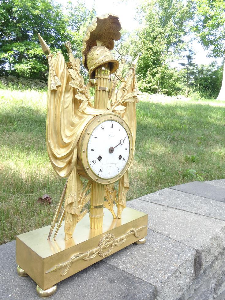 French Empire Gilt Bronze Clock Roman Soldier Sword Spear War Battle Helmet axe