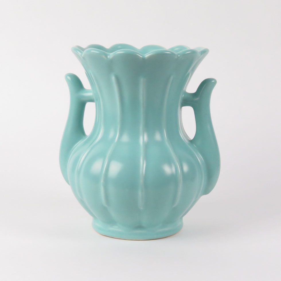 Rumrill pottery vase vtg Art Deco 1930s Red Wing aqua blue green ribbed handles