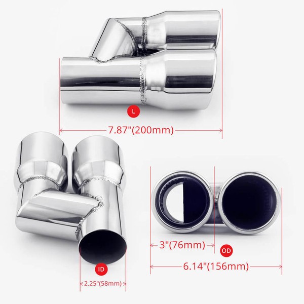 Offset Pipe Design QUAD 3 inch Out Stainless Exhaust Tips 2.25 inch In