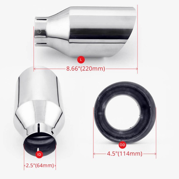 Dimension of 4 1/2 inch Angle Cut Out Clamp-on 2 1/2 Inlet Stainless Exhaust Tip Width Clamp