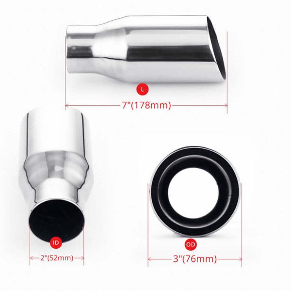 Dimension of 2 inch Inlet 3 inch Out 7 inch Long Double Wall Round Angle Cut Stainless Steel Exhaust Tip