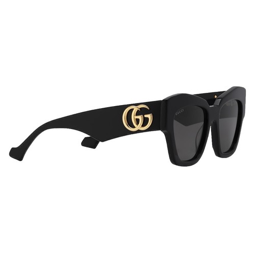 Pre-owned Gucci Gg1422s 001 Black Gold Dark Grey Lens Women Sunglasses Cat Eye Authentic In Gray