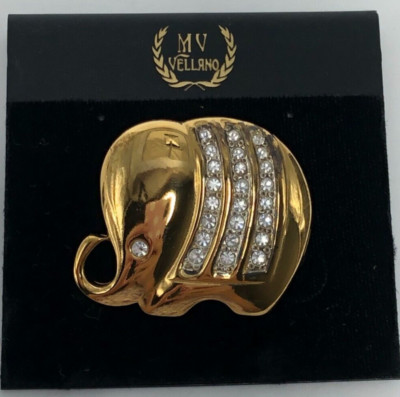 MV Vellano Elephant Brooch Rhinestones Gold Tone Trunk Raised New Without Tags