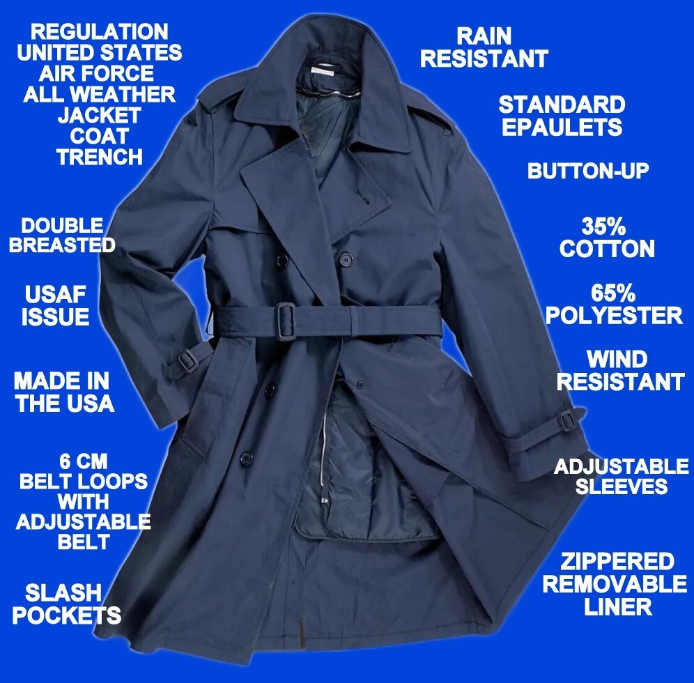USAF Air Force Uniform BLUE Trench Overcoat All Weather