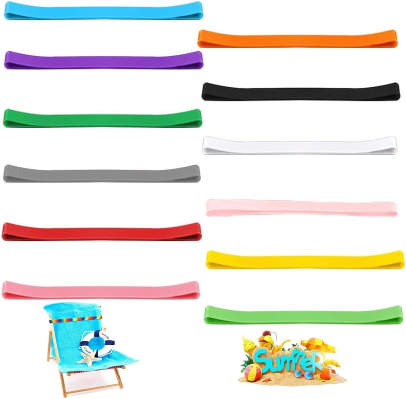 12 Pcs Silicone Stretchable and Colorful Beach Towel Bands, Pool & Cruise, Stret