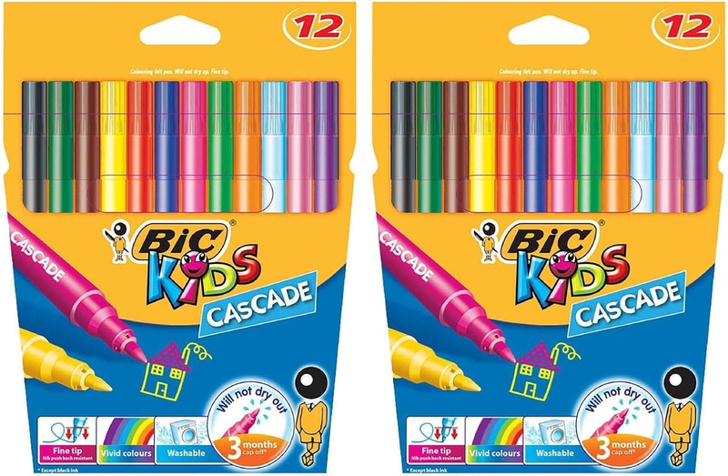 Kids Cascade Fine Felt Tip Pens - Assorted Colours, Pack of 24 Colouring Markers
