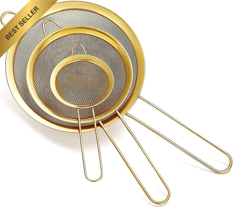 Gold Fine Mesh Strainer 3 Pieces Set, Golden Flour Sifter for Baking, Stainless