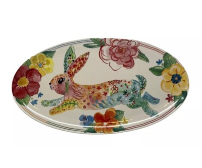 Pier 1 Hello Spring 19  Oval Large Serving Platter Bunny Rabbit Floral RARE