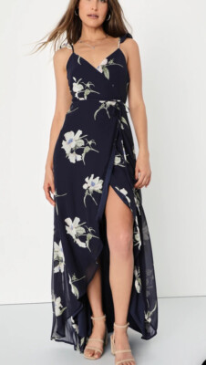 Lulus All Mine Navy Blue Floral Print High-Low Wrap Dress Womens Med