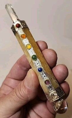 6'' Golden Quartz Reiki Chakra Healing Wand With 7 Chakra Stones And Quartz Lazer