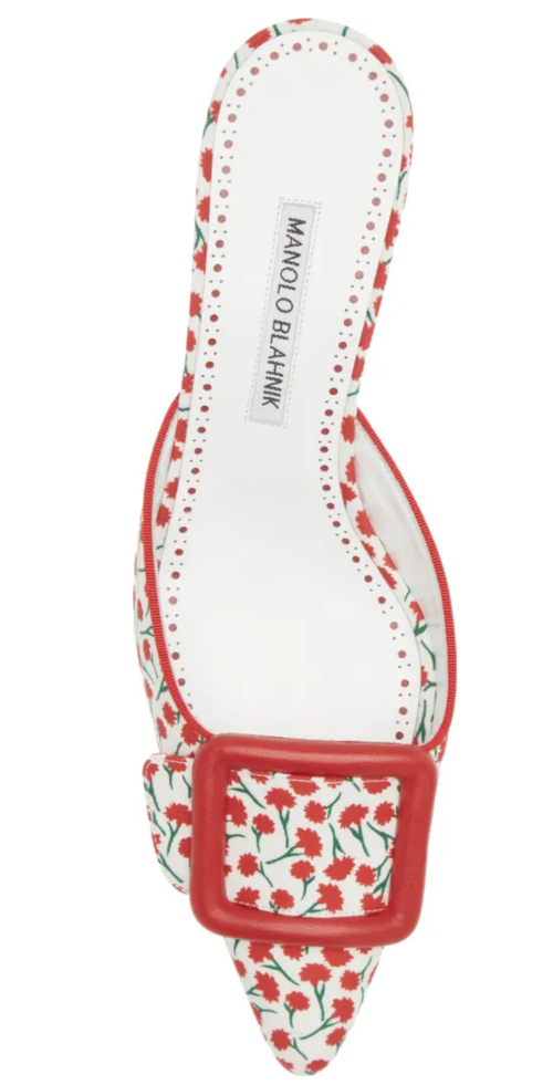 Pre-owned Manolo Blahnik Maysalebi Buckle Red Floral 50mm Pointy Toe Mule, Us 6, 36 Eu