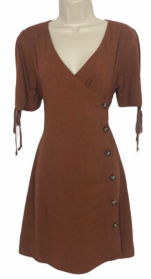 Francesca's Blue Rain Jamison Button Down Wrap Dress Linen Blend Brown XS $48