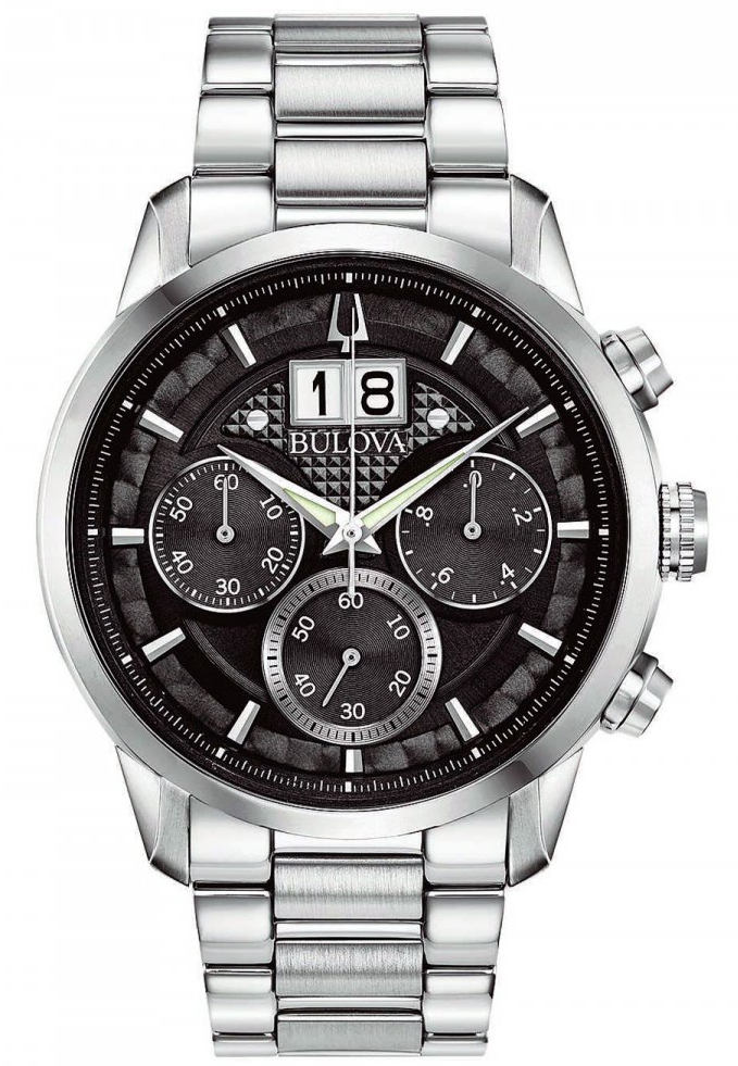 Pre-owned Bulova Sutton Stainless Steel Black Dial Men's Chronograph Watch 96b319