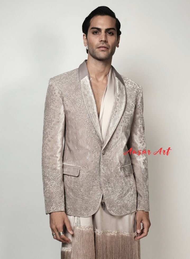 Pre-owned Art Men's Designer 2pc Suit Custom Made Embroidered Wedding Cocktail And Prom Outfit In Same Picture