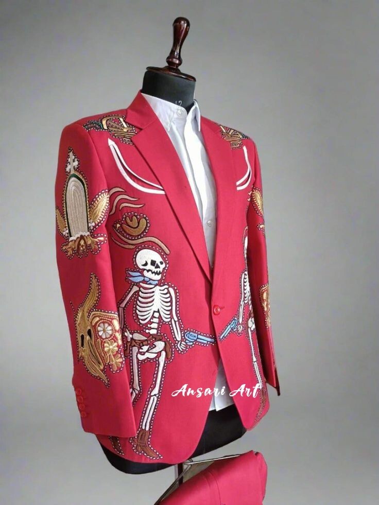 Pre-owned Art Men 2pc Red Cotton Outfit Hand Embroidered Western Suit Style Py Designer