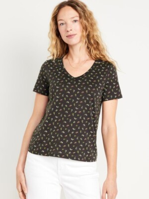 OLD NAVY Women's Size M TALL EveryWear V-Neck Cotton T-Shirt- Gray Floral Print