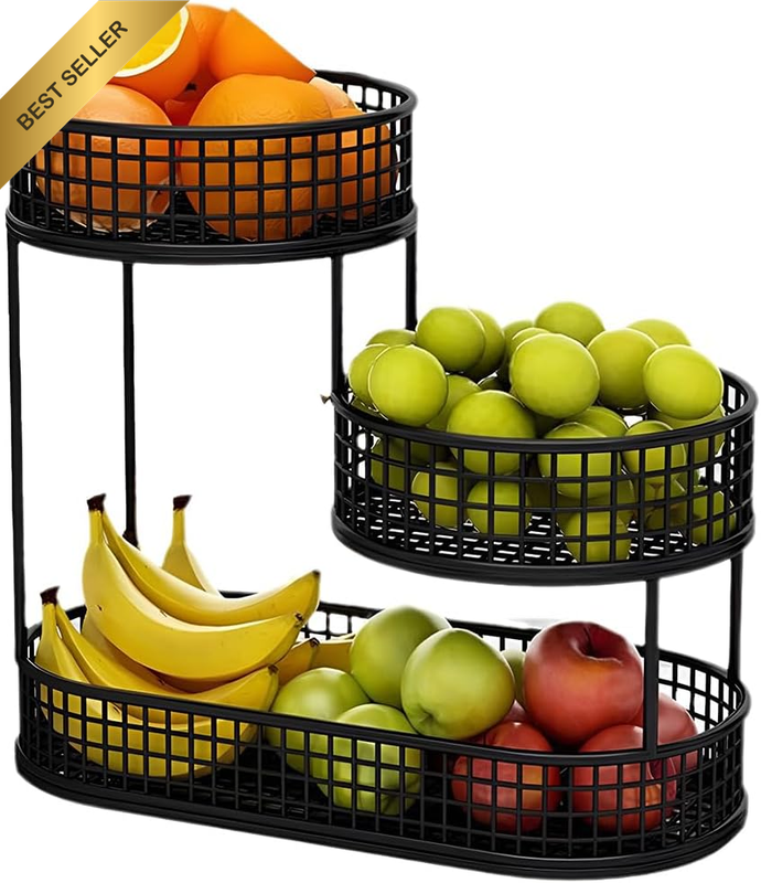3-Tier Metal Fruit Basket, Space-Saving Fruit Stand, Durable Black Modern Fruit