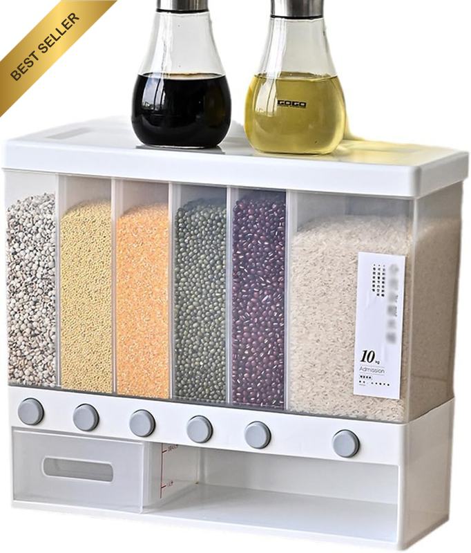 6-Compartment Grain Dispenser, Airtight Rice Storage Bin, Moisture-Proof Box, Re