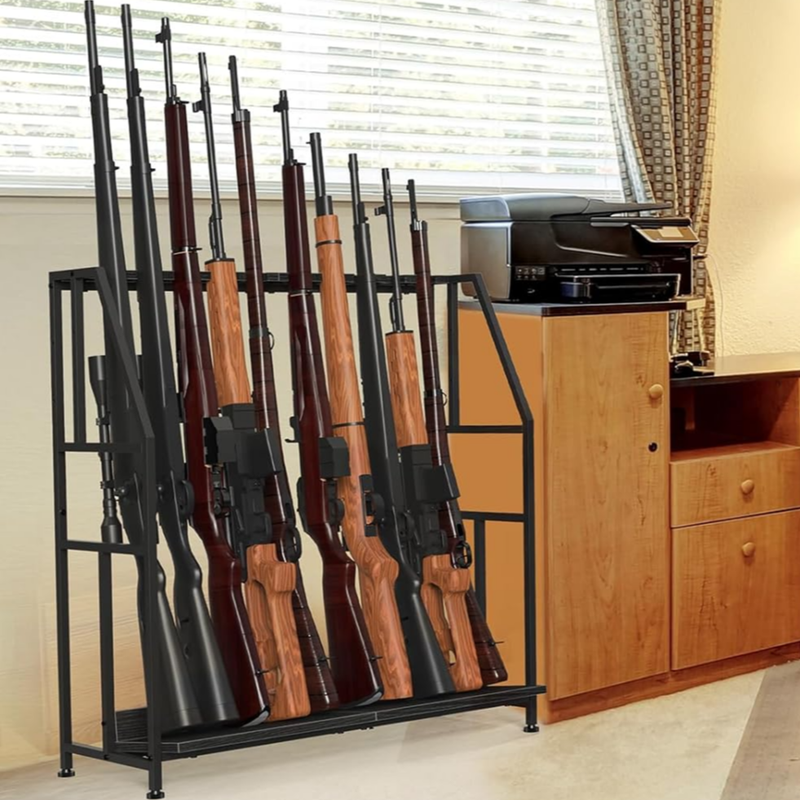 Rifle Gun Rack Floor Standing Shotgun Rack Heavy Duty Metal Frame Wooden 10 Guns