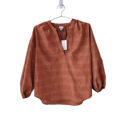 New A NEW DAY Rust Plaid Long Sleeve Popover Blouse Women