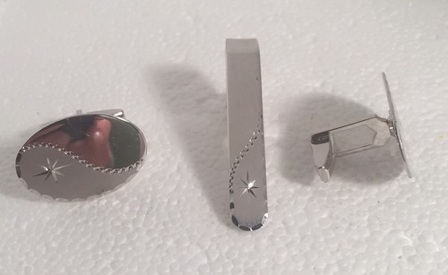 Tie Bar And Cufflinks Matching Sterling Silver Top Signed Marvel 925