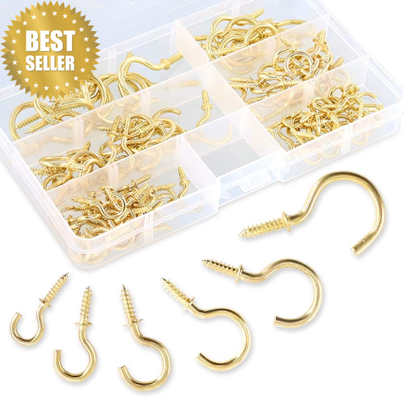 120Pcs 6 Sizes Metal Screw-In Ceiling Hooks Kit, Gold Self-Tapping Cup Hooks for